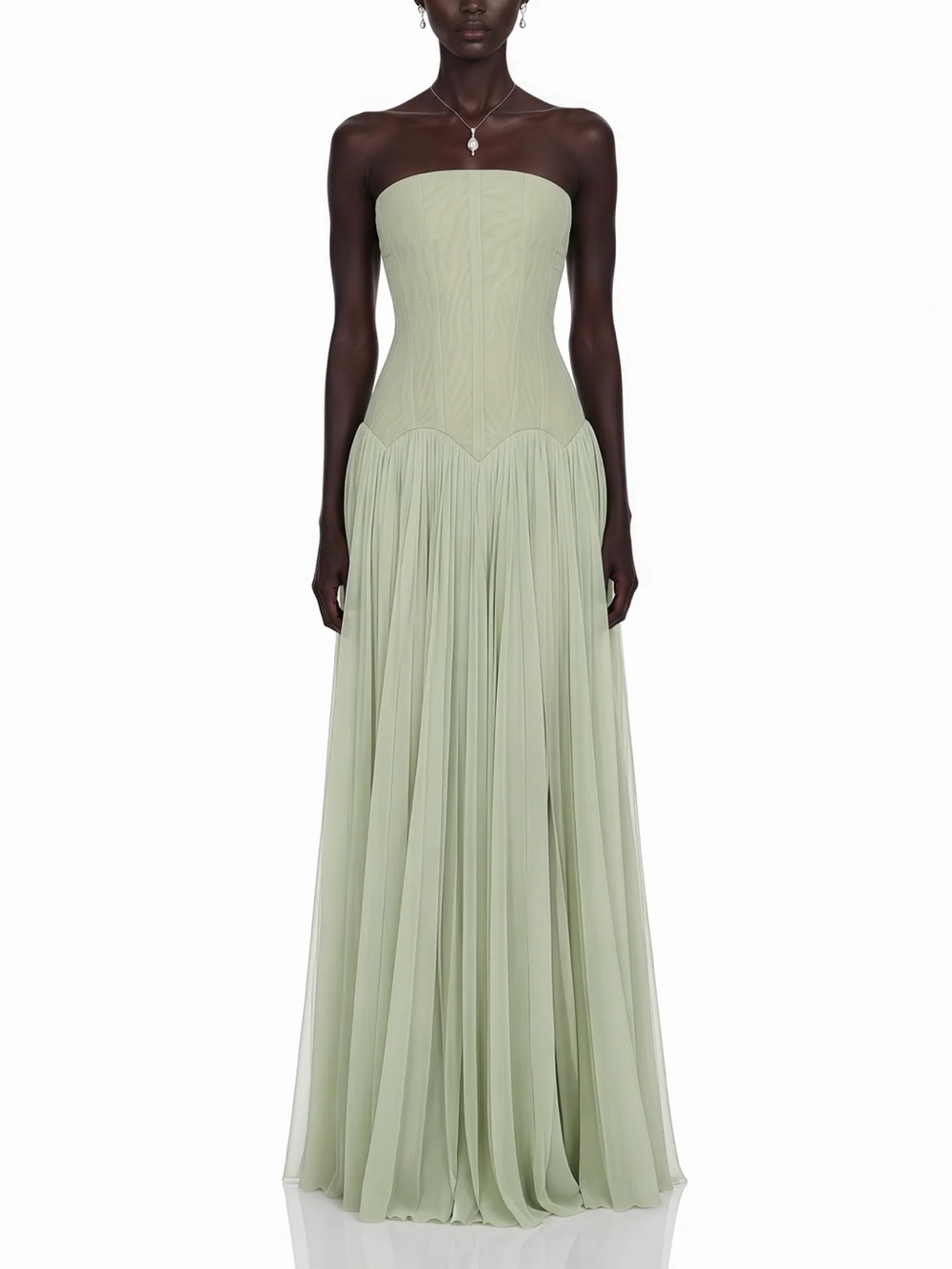 Strapless Sage Green Pleated Evening Gown